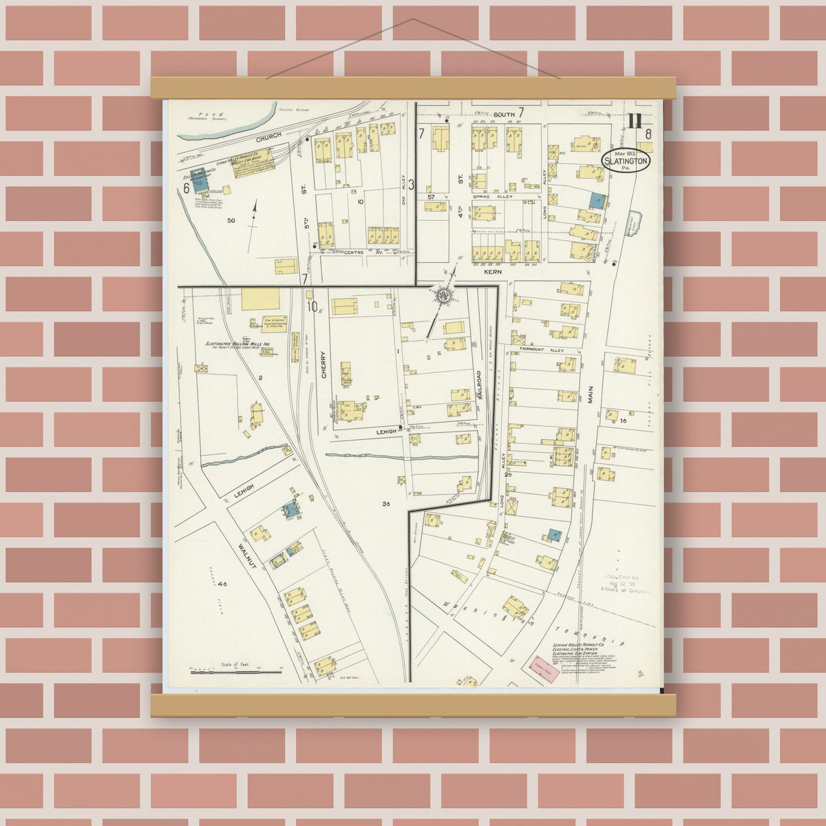 Old map wall art mockup — magnetic wood frame on brick wall — Sanborn Fire Insurance Map from Slatington, Lehigh County, Pennsylvania (1913), Sheet #0011