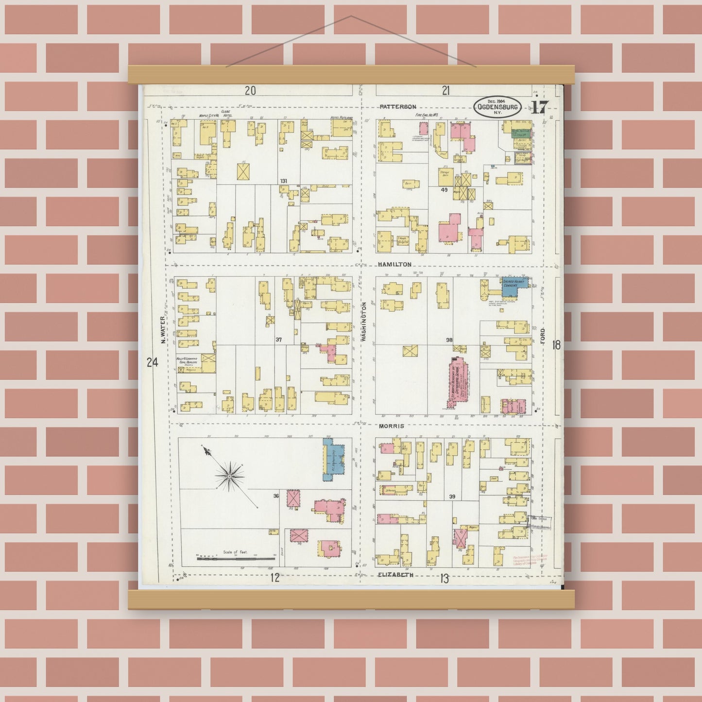 Old map wall art mockup — magnetic wood frame on brick wall — Sanborn Fire Insurance Map from Ogdensburg, St. Lawrence County, New York (1904), Sheet #0017