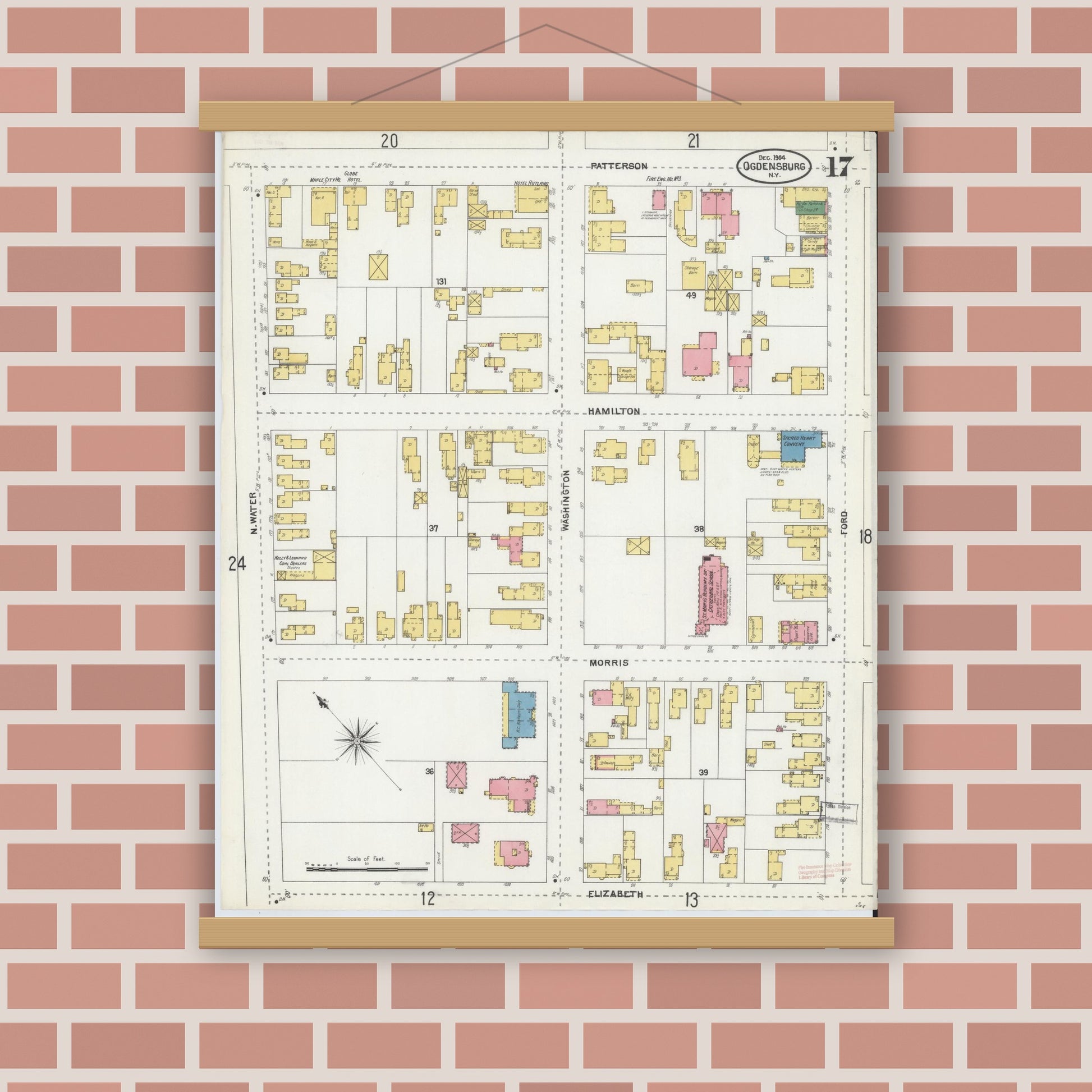 Old map wall art mockup — magnetic wood frame on brick wall — Sanborn Fire Insurance Map from Ogdensburg, St. Lawrence County, New York (1904), Sheet #0017
