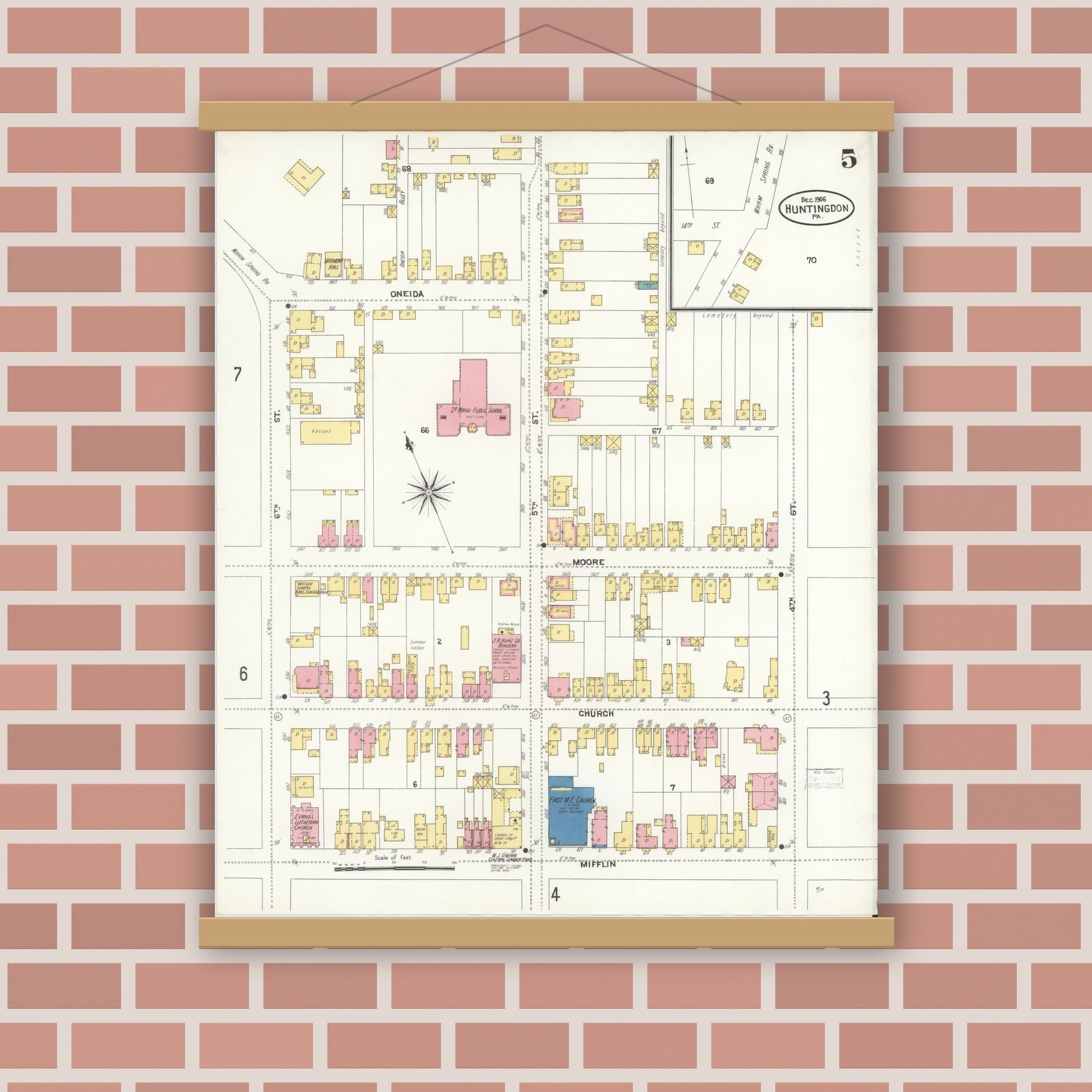 Old map wall art mockup — magnetic wood frame on brick wall — Sanborn Fire Insurance Map from Huntingdon, Huntingdon County, Pennsylvania (1906), Sheet #0005