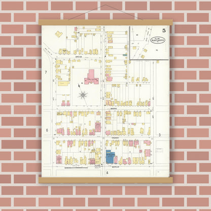 Old map wall art mockup — magnetic wood frame on brick wall — Sanborn Fire Insurance Map from Huntingdon, Huntingdon County, Pennsylvania (1906), Sheet #0005