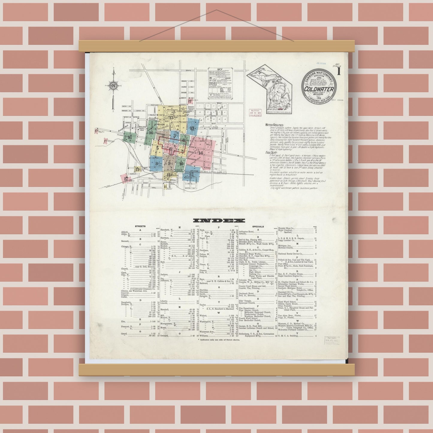 Old map wall art mockup — magnetic wood frame on brick wall — Sanborn Fire Insurance Map from Coldwater, Branch County, Michigan (1914) - Complete Map Set