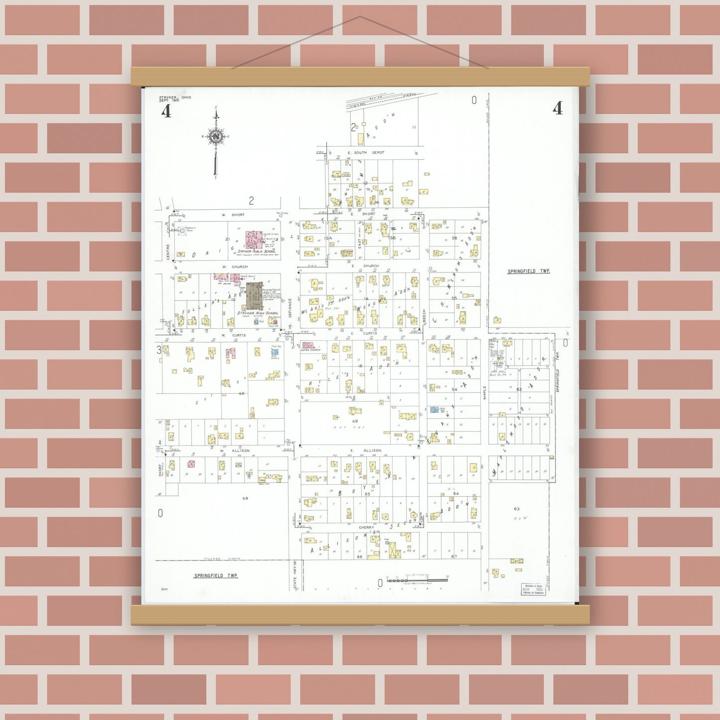 Old map wall art mockup — magnetic wood frame on brick wall — Sanborn Fire Insurance Map from Stryker, Williams County, Ohio (1951), Sheet #0004