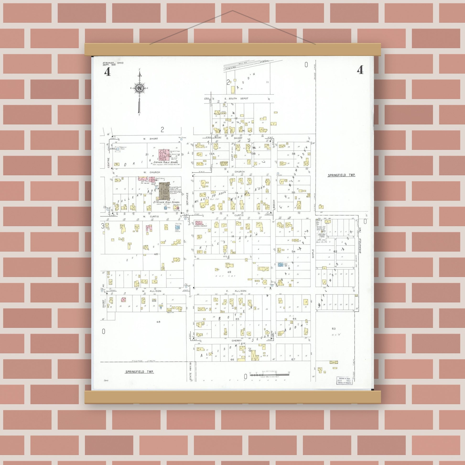 Old map wall art mockup — magnetic wood frame on brick wall — Sanborn Fire Insurance Map from Stryker, Williams County, Ohio (1951), Sheet #0004