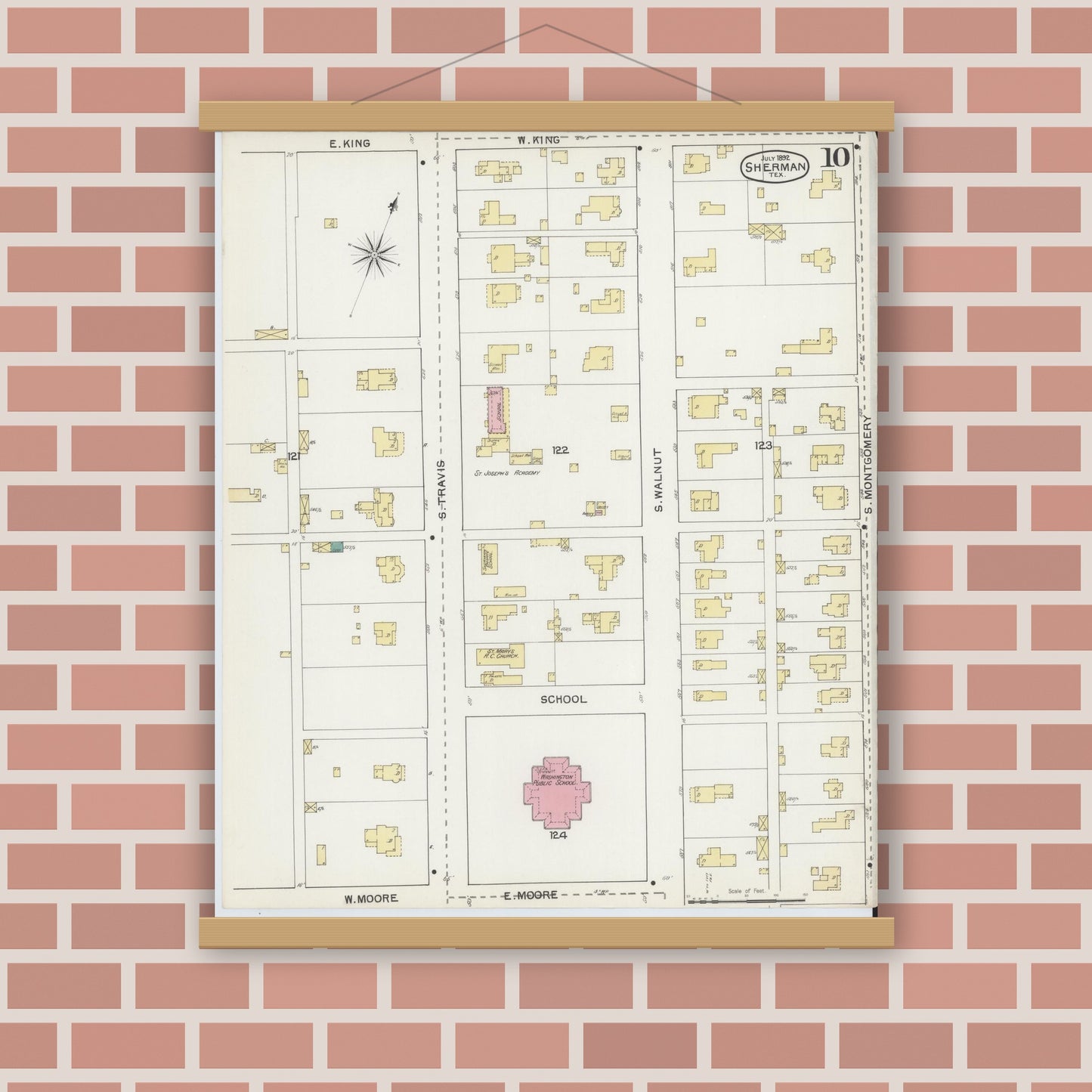 Old map wall art mockup — magnetic wood frame on brick wall — Sanborn Fire Insurance Map from Sherman, Grayson County, Texas (1892), Sheet #0010