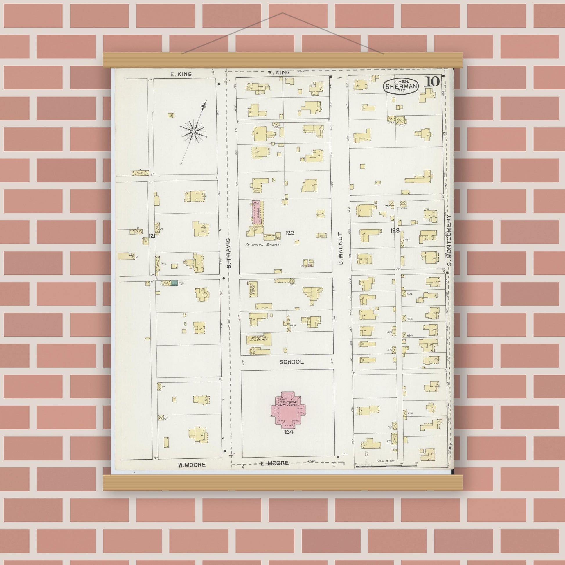 Old map wall art mockup — magnetic wood frame on brick wall — Sanborn Fire Insurance Map from Sherman, Grayson County, Texas (1892), Sheet #0010