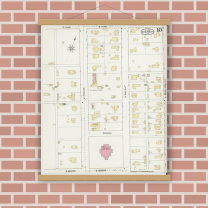 Old map wall art mockup — magnetic wood frame on brick wall — Sanborn Fire Insurance Map from Sherman, Grayson County, Texas (1892), Sheet #0010
