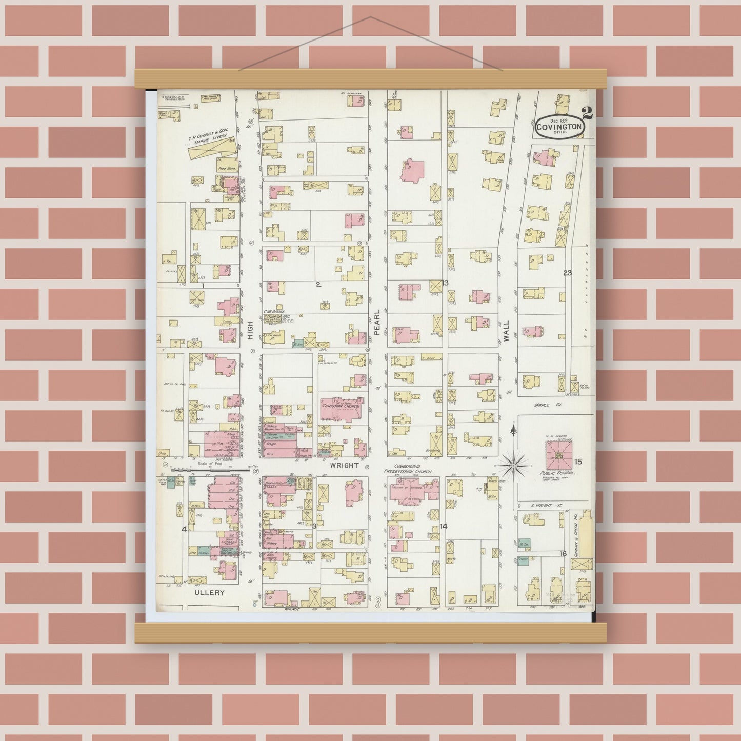 Old map wall art mockup — magnetic wood frame on brick wall — Sanborn Fire Insurance Map from Covington, Miami County, Ohio (1892), Sheet #0002
