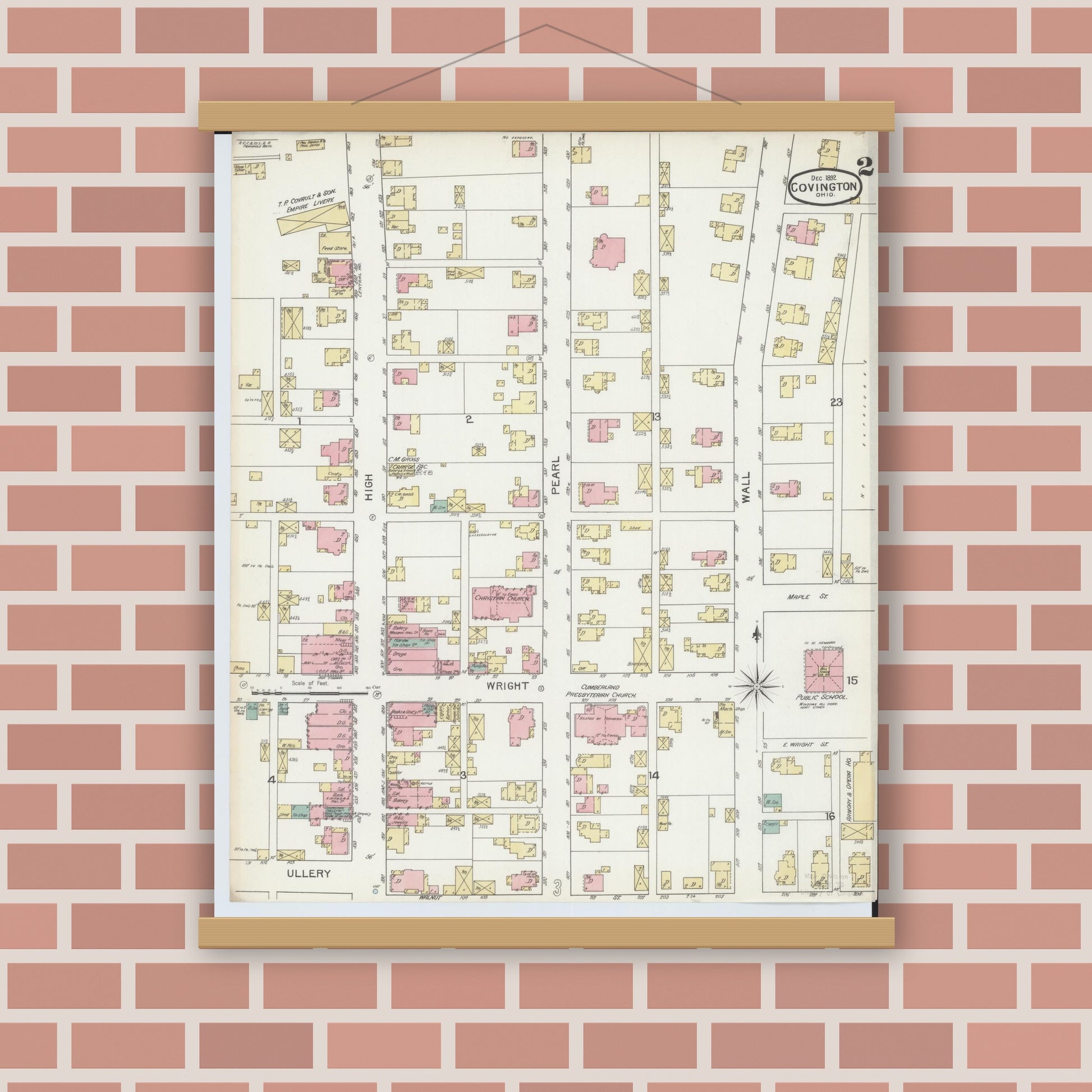 Old map wall art mockup — magnetic wood frame on brick wall — Sanborn Fire Insurance Map from Covington, Miami County, Ohio (1892), Sheet #0002