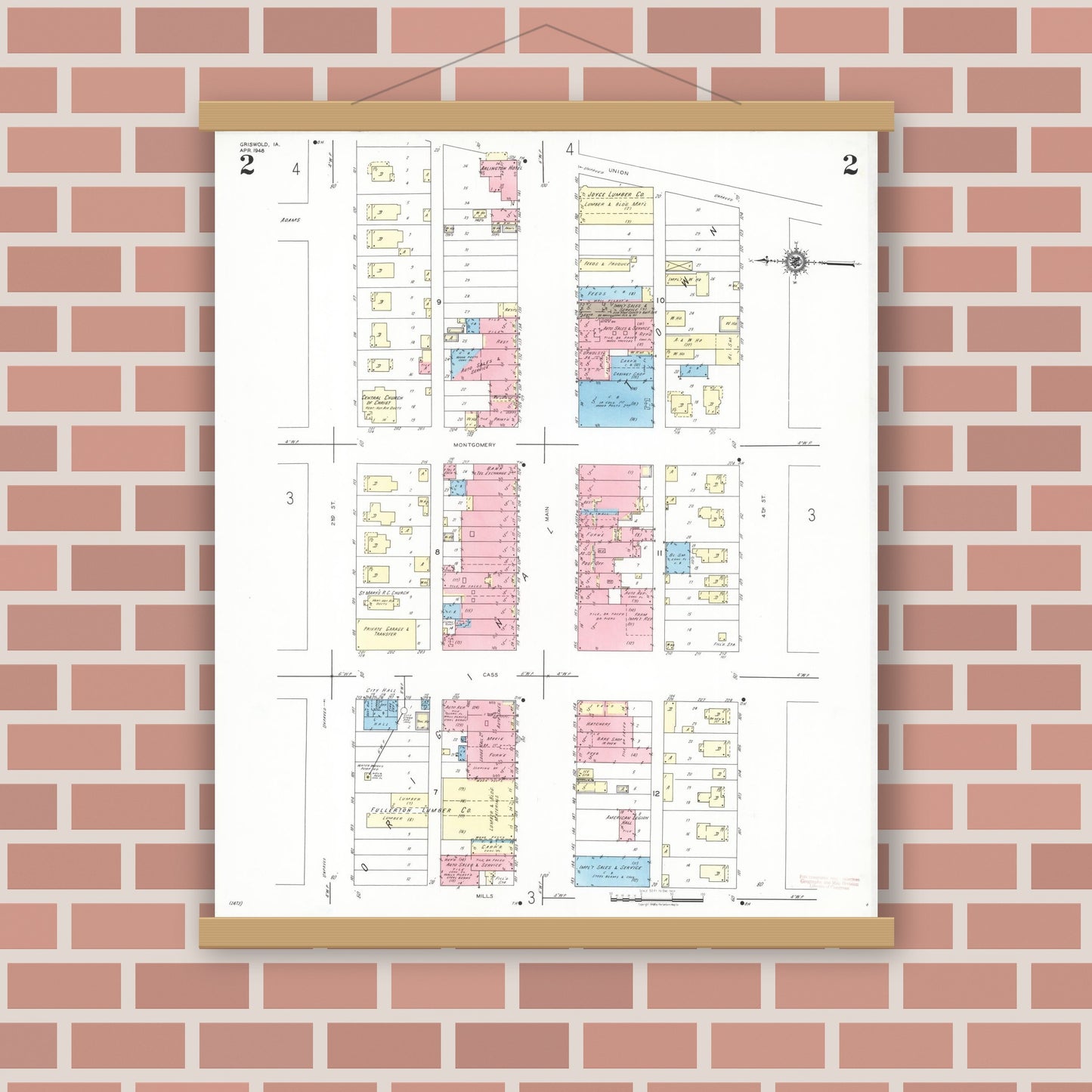Old map wall art mockup — magnetic wood frame on brick wall — Sanborn Fire Insurance Map from Griswold, Cass County, Iowa (1948), Sheet #0002