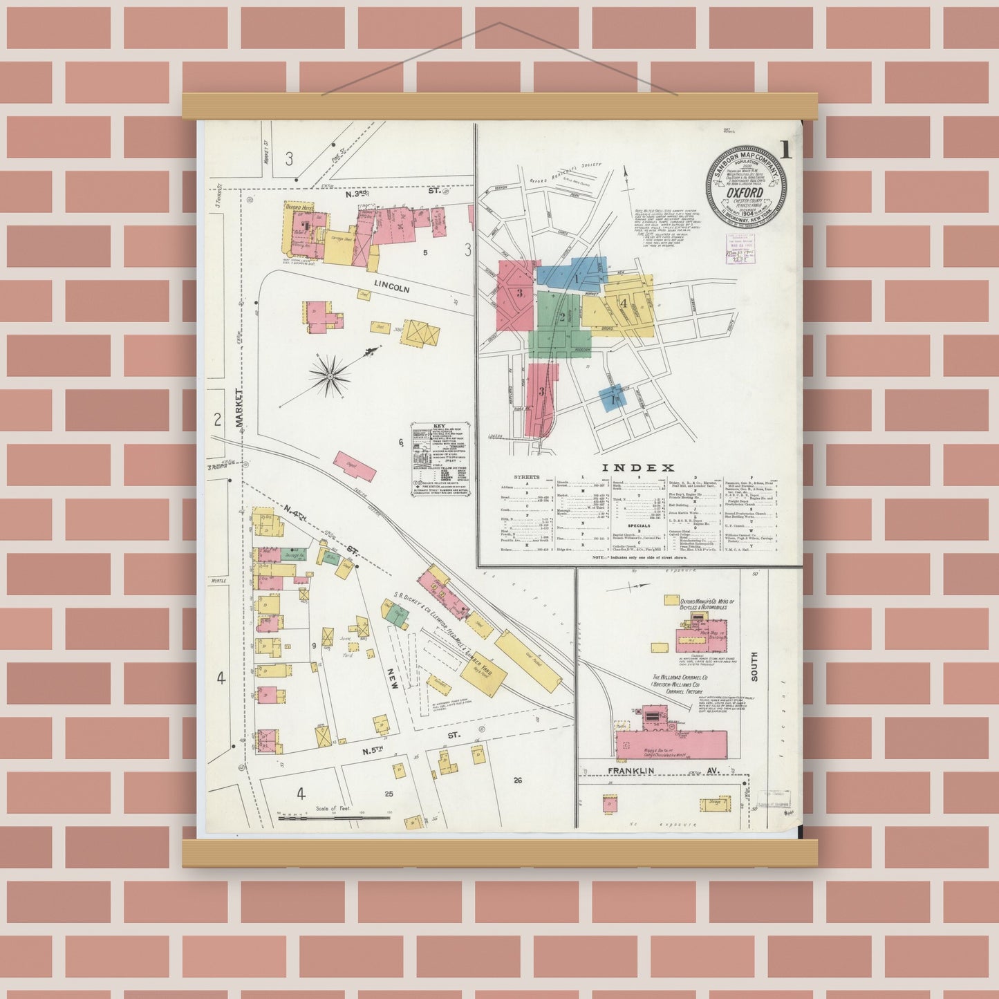 Old map wall art mockup — magnetic wood frame on brick wall — Sanborn Fire Insurance Map from Oxford, Chester County, Pennsylvania (1904) - Complete Map Set