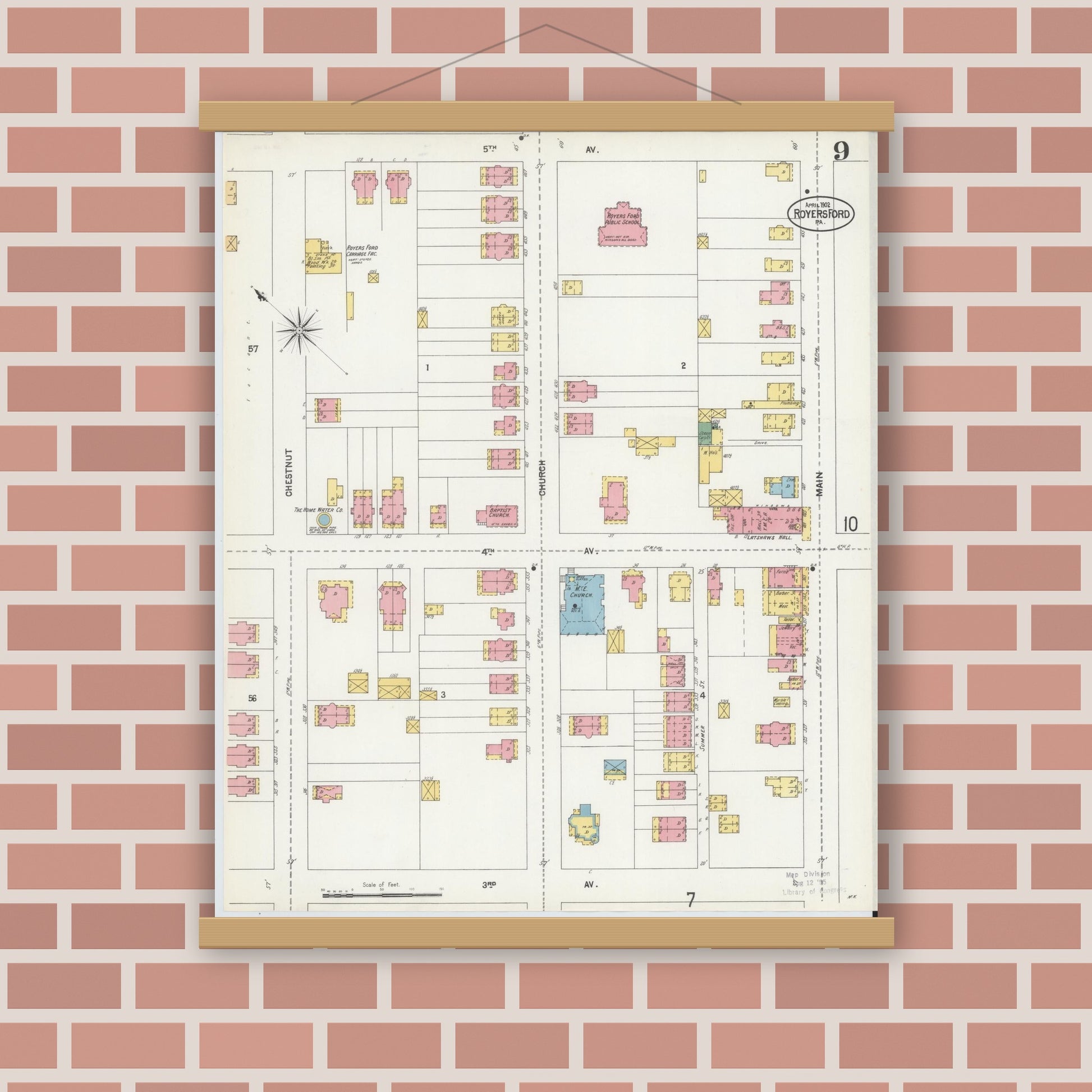 Old map wall art mockup — magnetic wood frame on brick wall — Sanborn Fire Insurance Map from Royersford, Montgomery County, Pennsylvania (1902), Sheet #0009