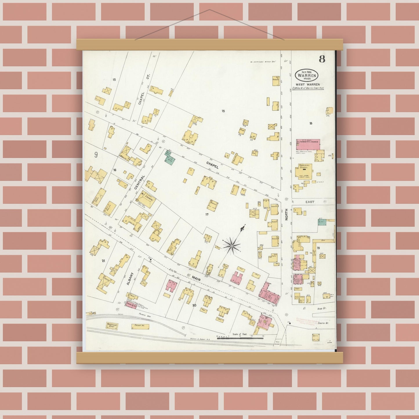 Old map wall art mockup — magnetic wood frame on brick wall — Sanborn Fire Insurance Map from Warren, Worcester County, Massachusetts (1906), Sheet #0008