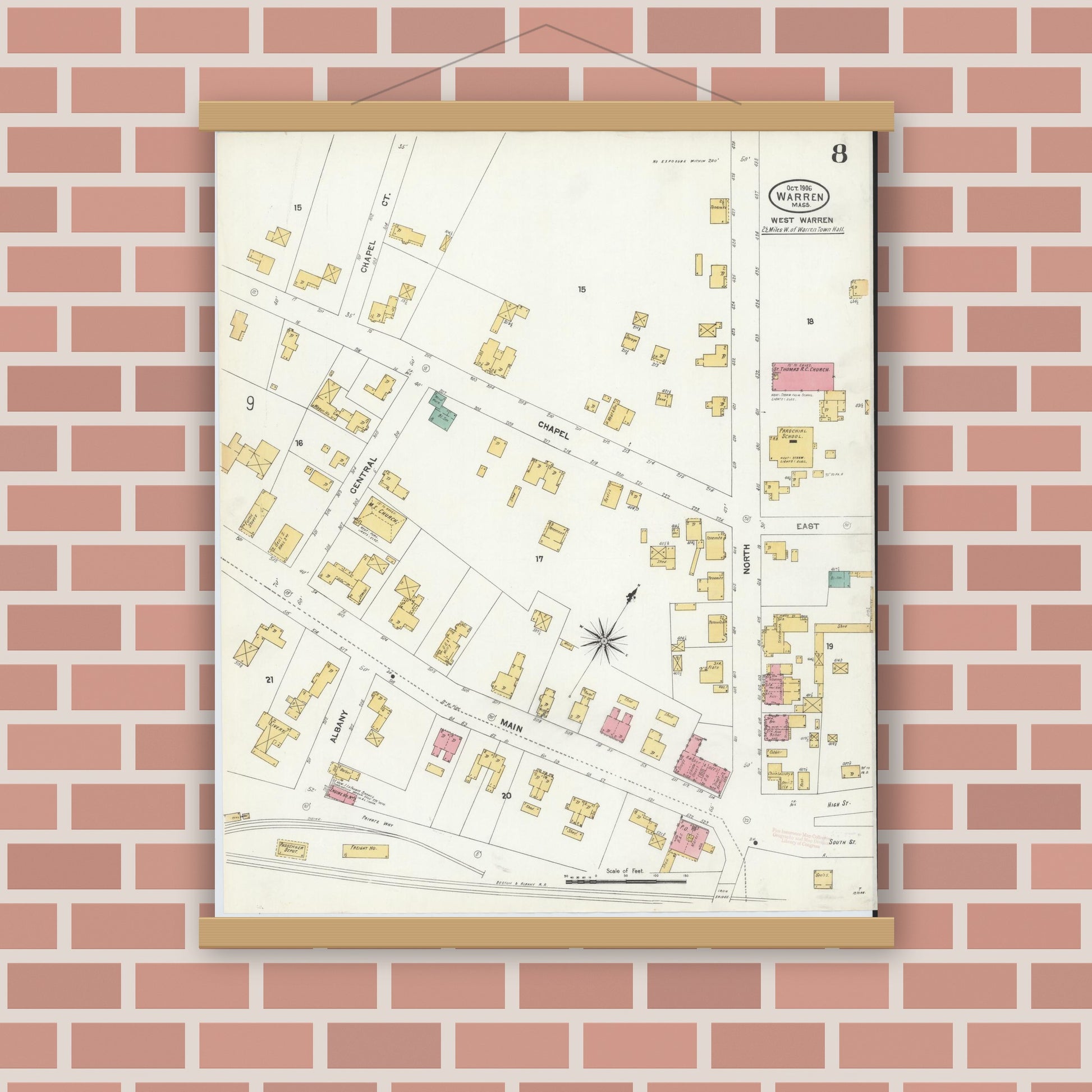 Old map wall art mockup — magnetic wood frame on brick wall — Sanborn Fire Insurance Map from Warren, Worcester County, Massachusetts (1906), Sheet #0008