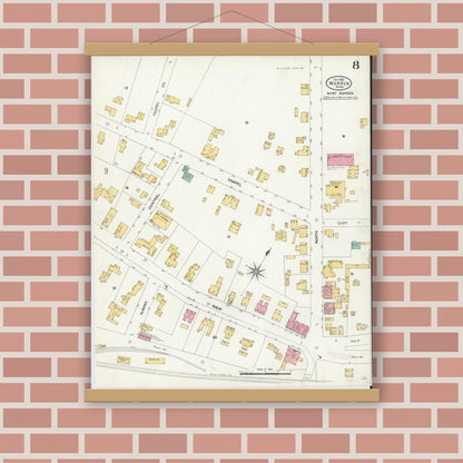 Old map wall art mockup — magnetic wood frame on brick wall — Sanborn Fire Insurance Map from Warren, Worcester County, Massachusetts (1906), Sheet #0008