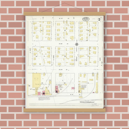 Old map wall art mockup — magnetic wood frame on brick wall — Sanborn Fire Insurance Map from Taylor, Williamson County, Texas (1916), Sheet #0002