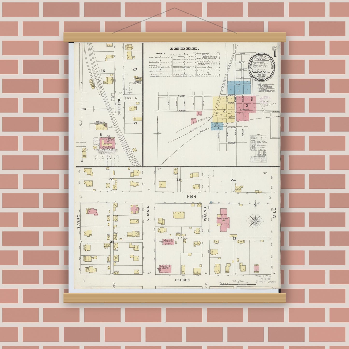 Old map wall art mockup — magnetic wood frame on brick wall — Sanborn Fire Insurance Map from Orrville, Wayne County, Ohio (1893) - Complete Map Set
