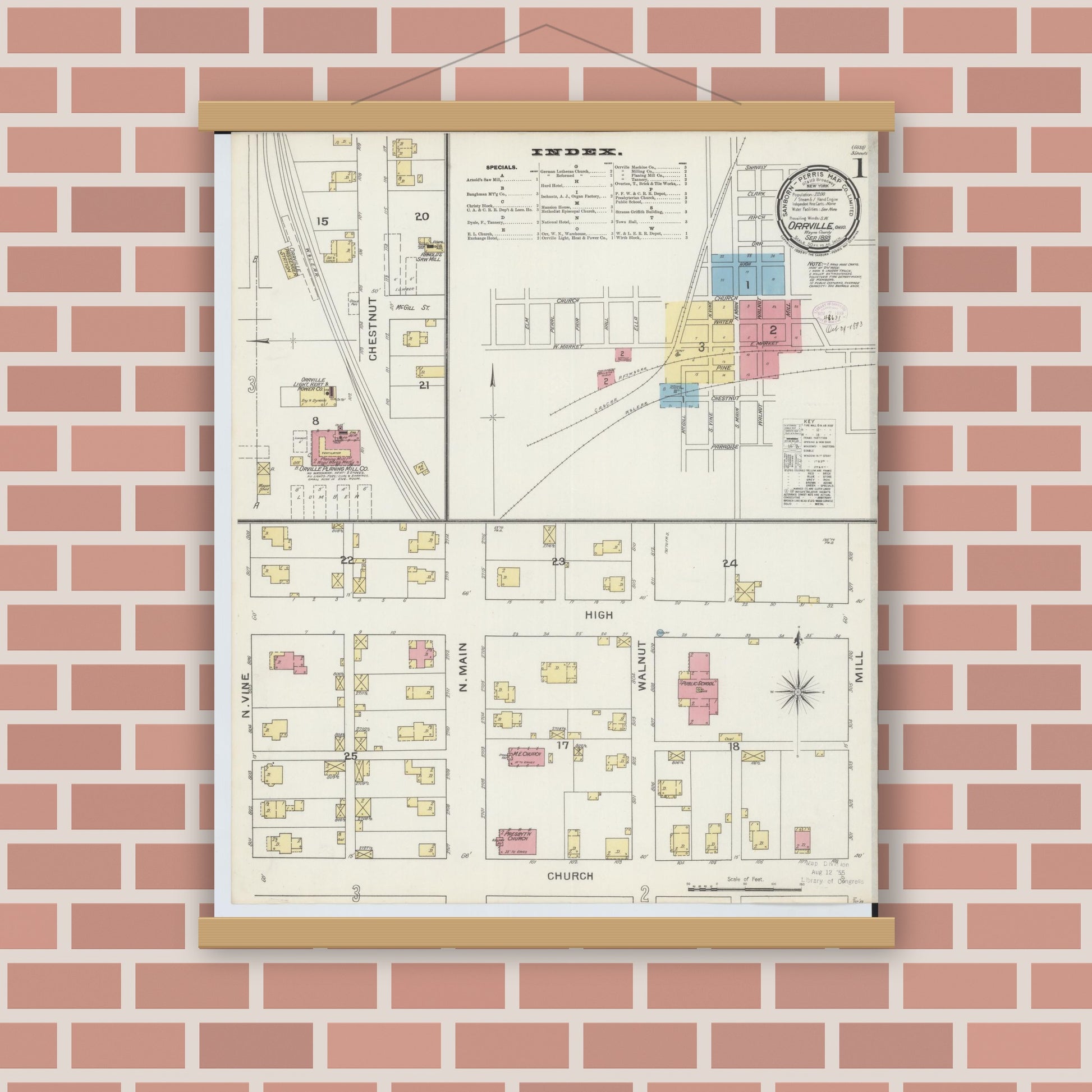 Old map wall art mockup — magnetic wood frame on brick wall — Sanborn Fire Insurance Map from Orrville, Wayne County, Ohio (1893) - Complete Map Set
