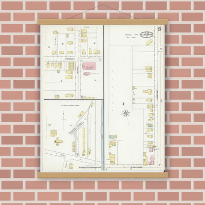 Old map wall art mockup — magnetic wood frame on brick wall — Sanborn Fire Insurance Map from Kingston, Luzerne County, Pennsylvania (1896), Sheet #0003
