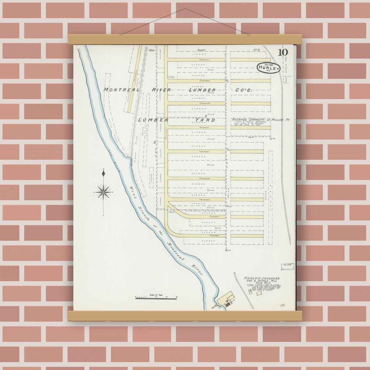 Old map wall art mockup — magnetic wood frame on brick wall — Sanborn Fire Insurance Map from Hurley, Iron County, Wisconsin (1891), Sheet #0010