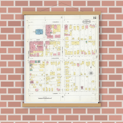 Old map wall art mockup — magnetic wood frame on brick wall — Sanborn Fire Insurance Map from Bellefontaine, Logan County, Ohio (1907), Sheet #0012
