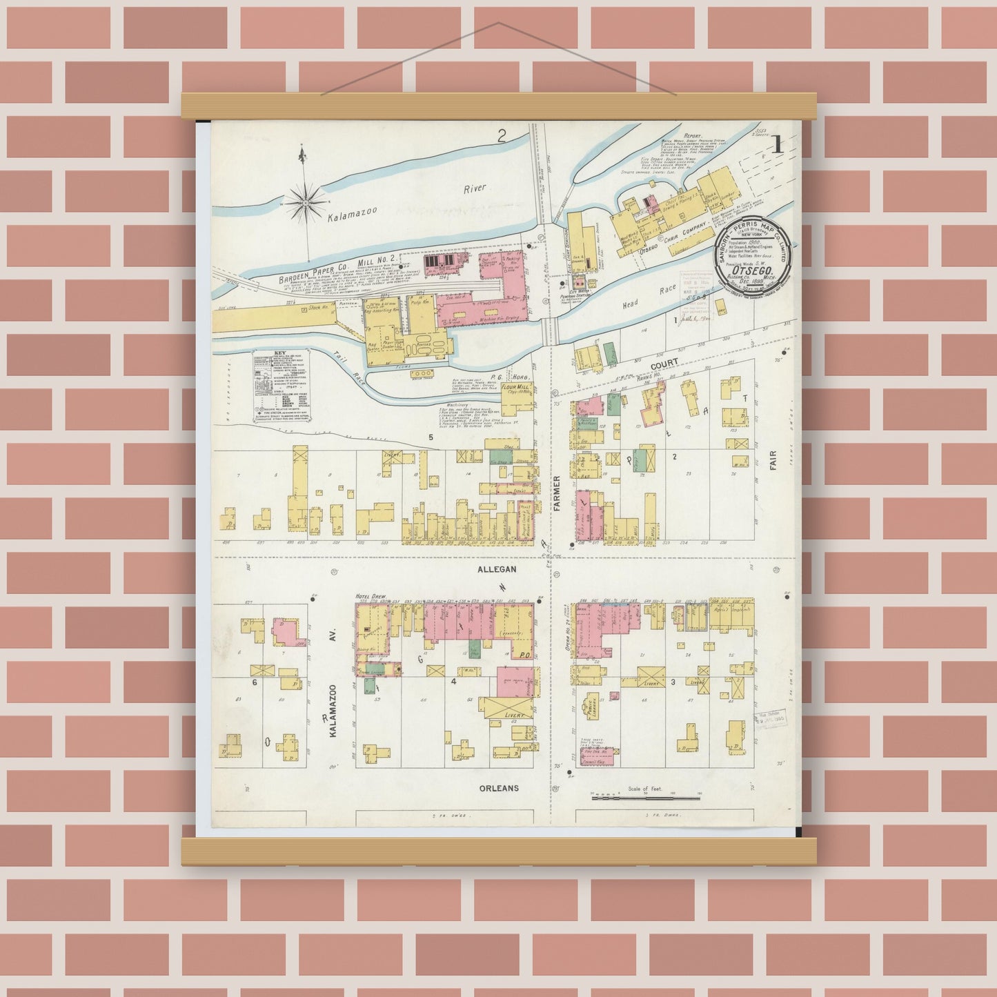 Old map wall art mockup — magnetic wood frame on brick wall — Sanborn Fire Insurance Map from Otsego, Allegan County, Michigan (1899), Sheet #0001