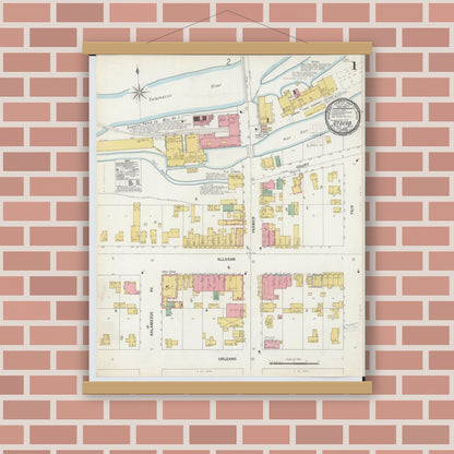 Old map wall art mockup — magnetic wood frame on brick wall — Sanborn Fire Insurance Map from Otsego, Allegan County, Michigan (1899), Sheet #0001