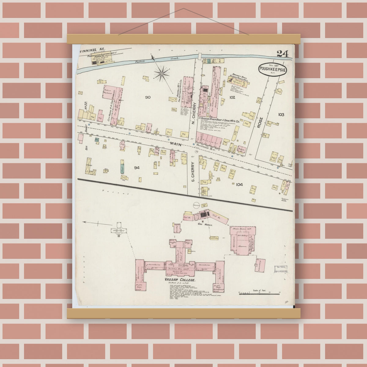 Old map wall art mockup — magnetic wood frame on brick wall — Sanborn Fire Insurance Map from Poughkeepsie, Dutchess County, New York (1887), Sheet #0024
