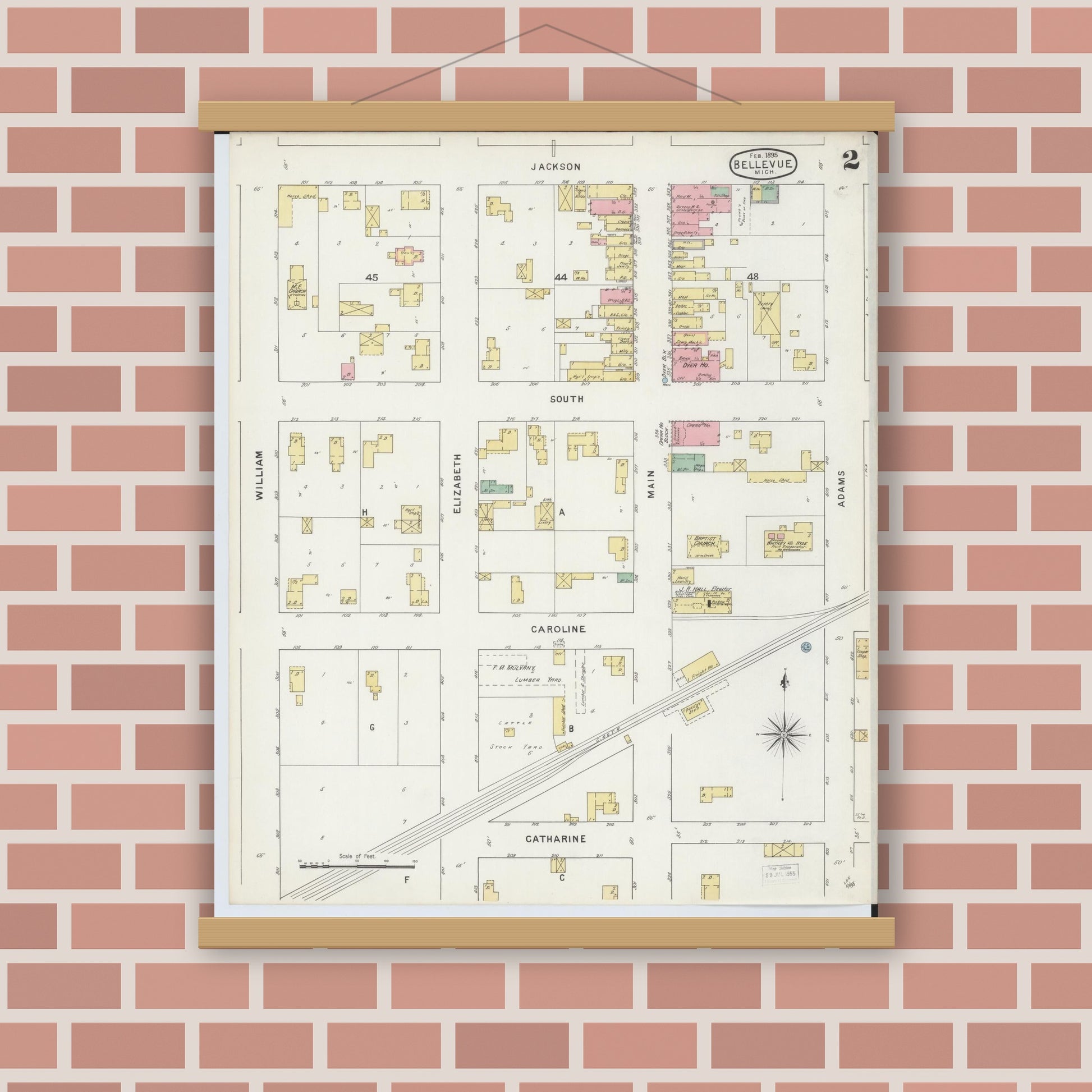 Old map wall art mockup — magnetic wood frame on brick wall — Sanborn Fire Insurance Map from Bellevue, Eaton County, Michigan (1895), Sheet #0002