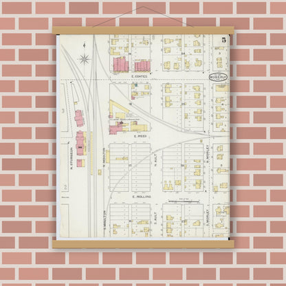 Old map wall art mockup — magnetic wood frame on brick wall — Sanborn Fire Insurance Map from Moberly, Randolph County, Missouri (1893), Sheet #0005