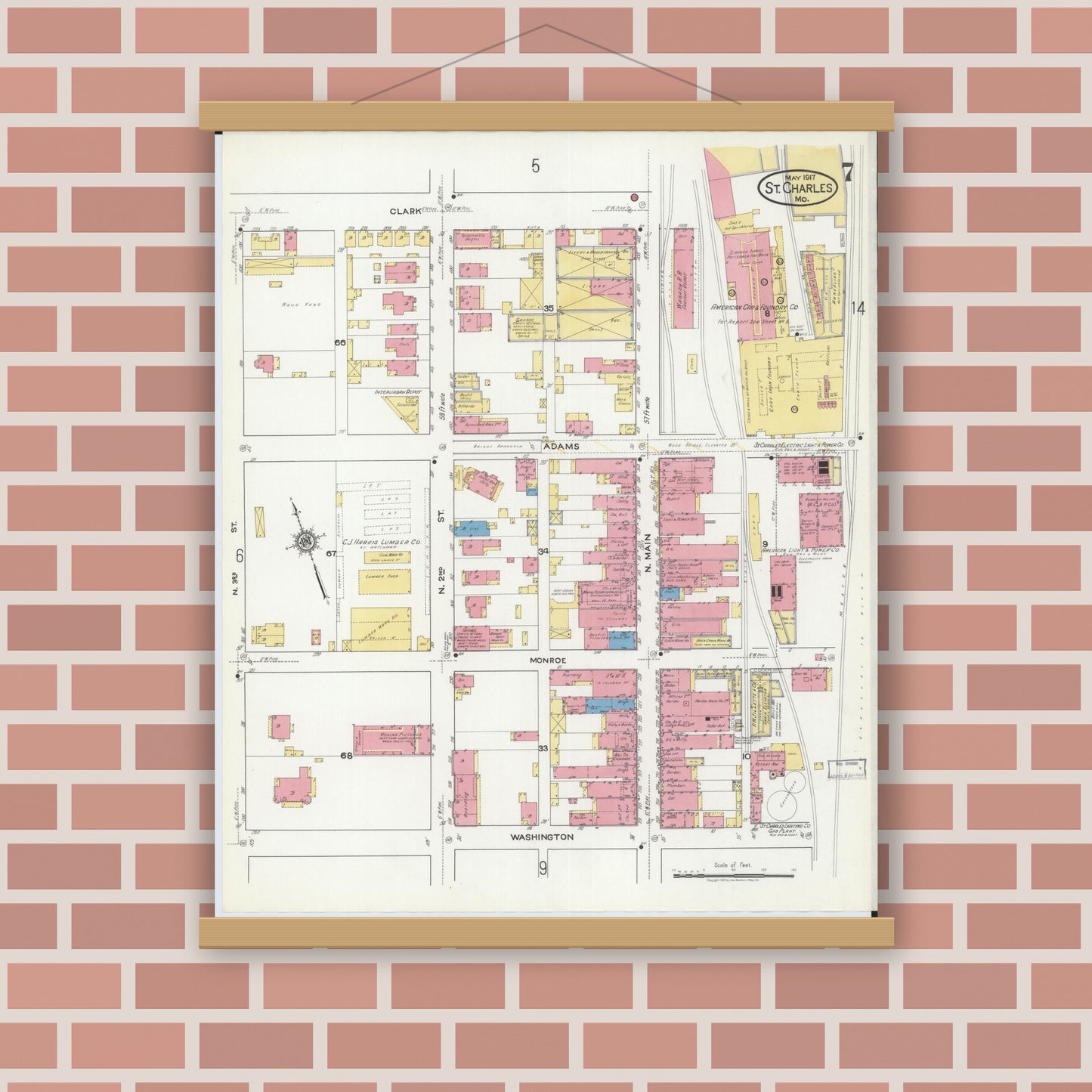Old map wall art mockup — magnetic wood frame on brick wall — Sanborn Fire Insurance Map from Saint Charles, Saint Charles County, Missouri (1917), Sheet #0007