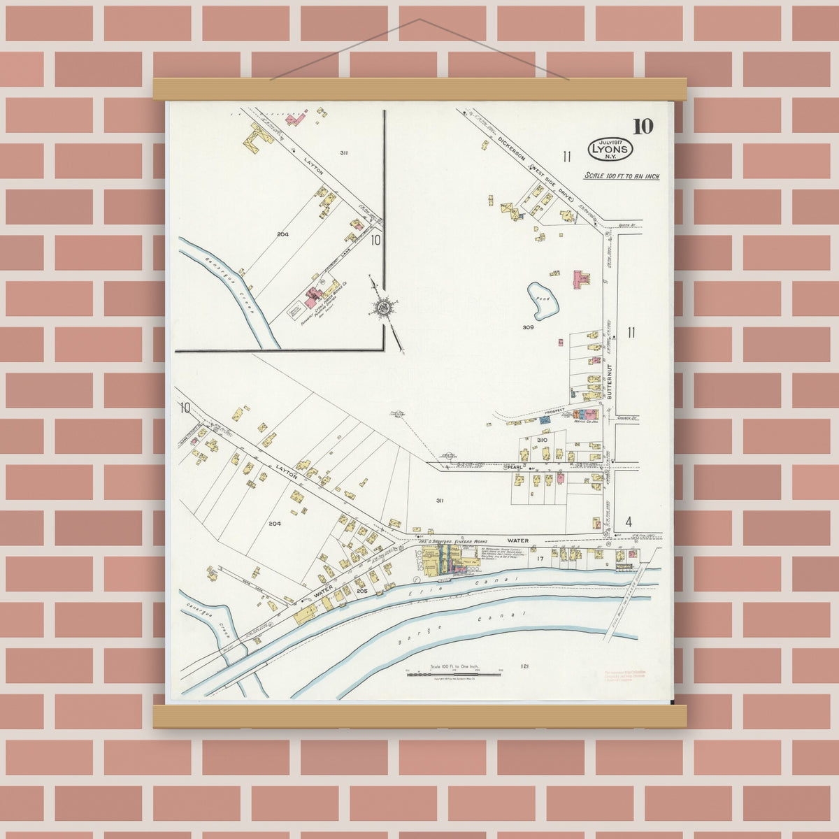 Old map wall art mockup — magnetic wood frame on brick wall — Sanborn Fire Insurance Map from Lyons, Wayne County, New York (1917), Sheet #0010