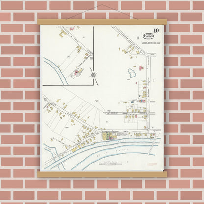 Old map wall art mockup — magnetic wood frame on brick wall — Sanborn Fire Insurance Map from Lyons, Wayne County, New York (1917), Sheet #0010