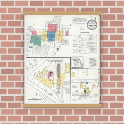 Old map wall art mockup — magnetic wood frame on brick wall — Sanborn Fire Insurance Map from Sikeston, Scott County, Missouri (1919) - Complete Map Set