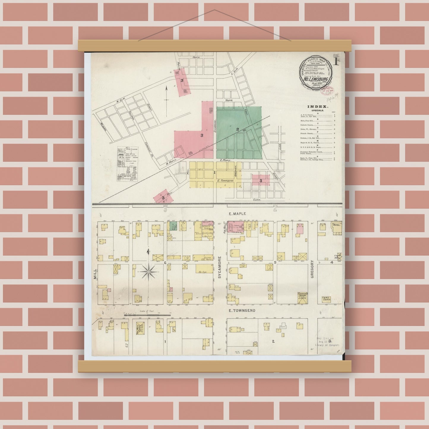 Old map wall art mockup — magnetic wood frame on brick wall — Sanborn Fire Insurance Map from North Lewisburg, Champaign County, Ohio (1895) - Complete Map Set