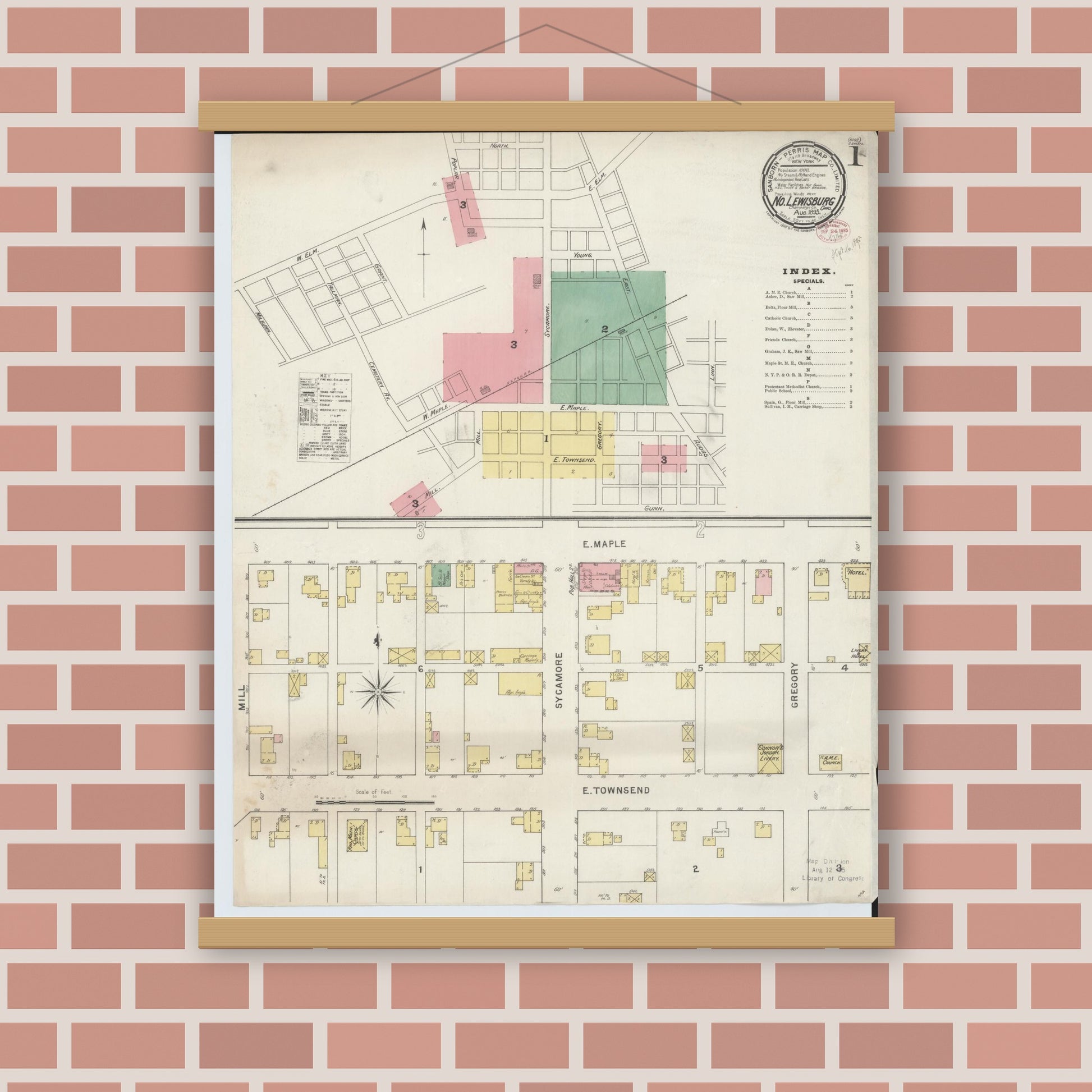 Old map wall art mockup — magnetic wood frame on brick wall — Sanborn Fire Insurance Map from North Lewisburg, Champaign County, Ohio (1895) - Complete Map Set