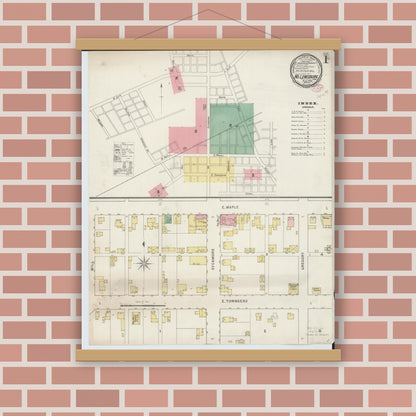 Old map wall art mockup — magnetic wood frame on brick wall — Sanborn Fire Insurance Map from North Lewisburg, Champaign County, Ohio (1895) - Complete Map Set
