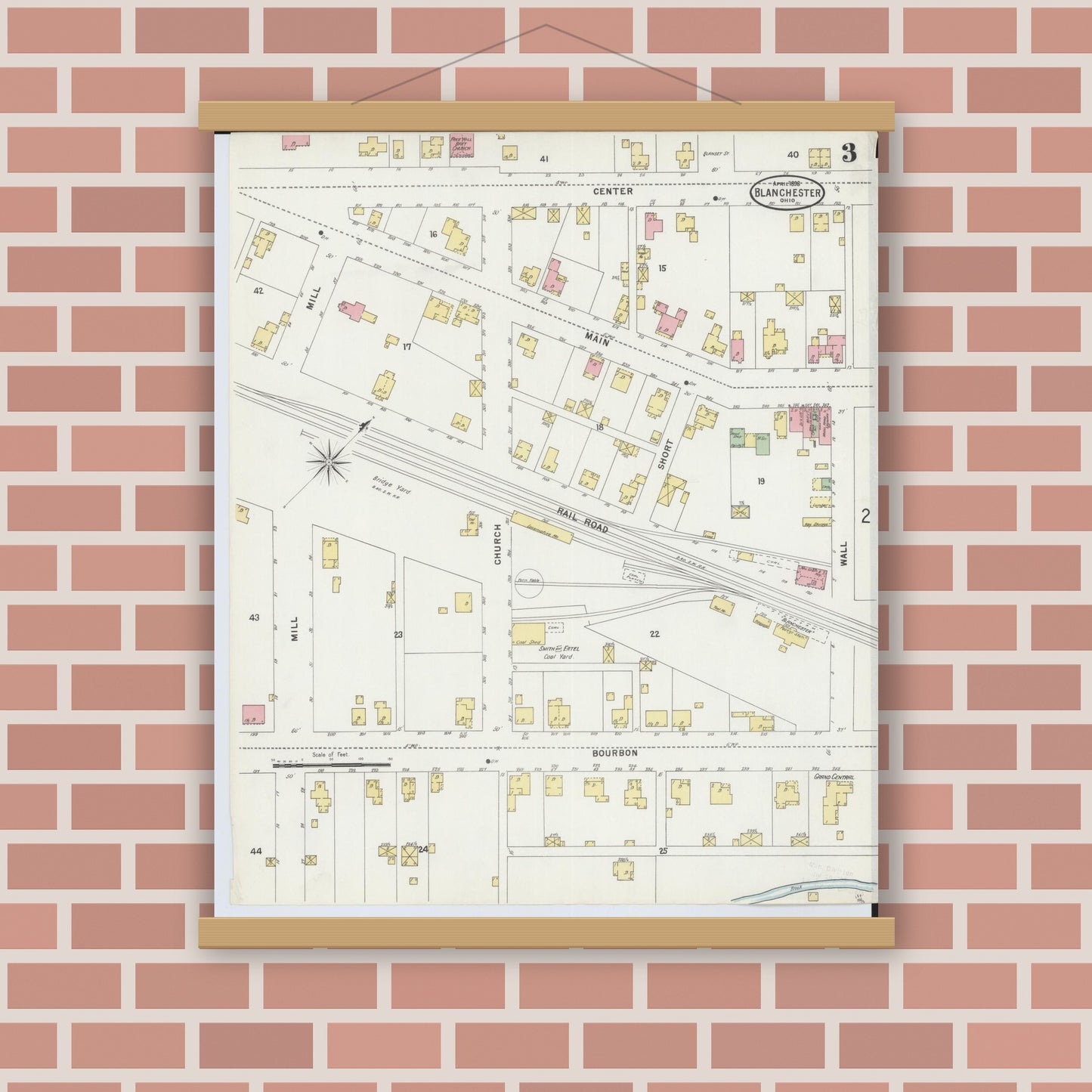 Old map wall art mockup — magnetic wood frame on brick wall — Sanborn Fire Insurance Map from Blanchester, Clinton County, Ohio (1898), Sheet #0003