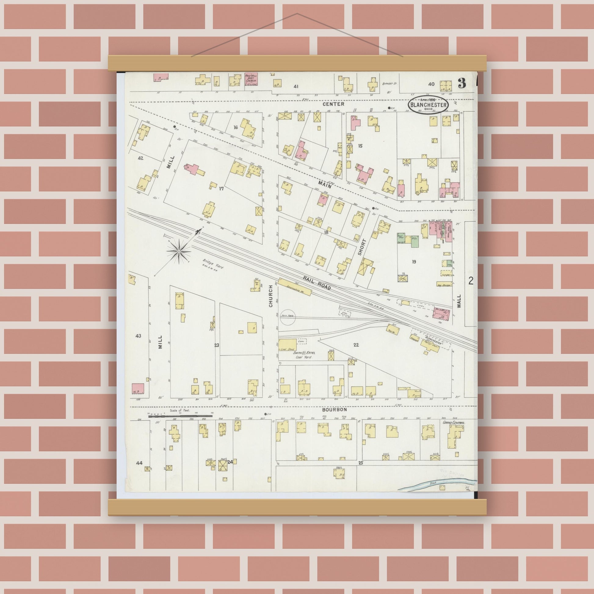 Old map wall art mockup — magnetic wood frame on brick wall — Sanborn Fire Insurance Map from Blanchester, Clinton County, Ohio (1898), Sheet #0003