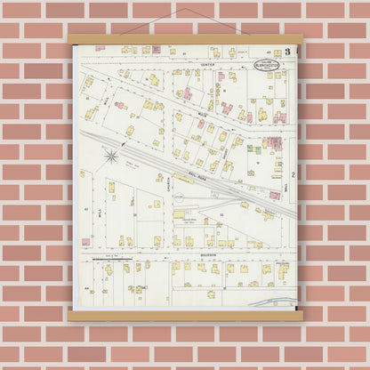 Old map wall art mockup — magnetic wood frame on brick wall — Sanborn Fire Insurance Map from Blanchester, Clinton County, Ohio (1898), Sheet #0003