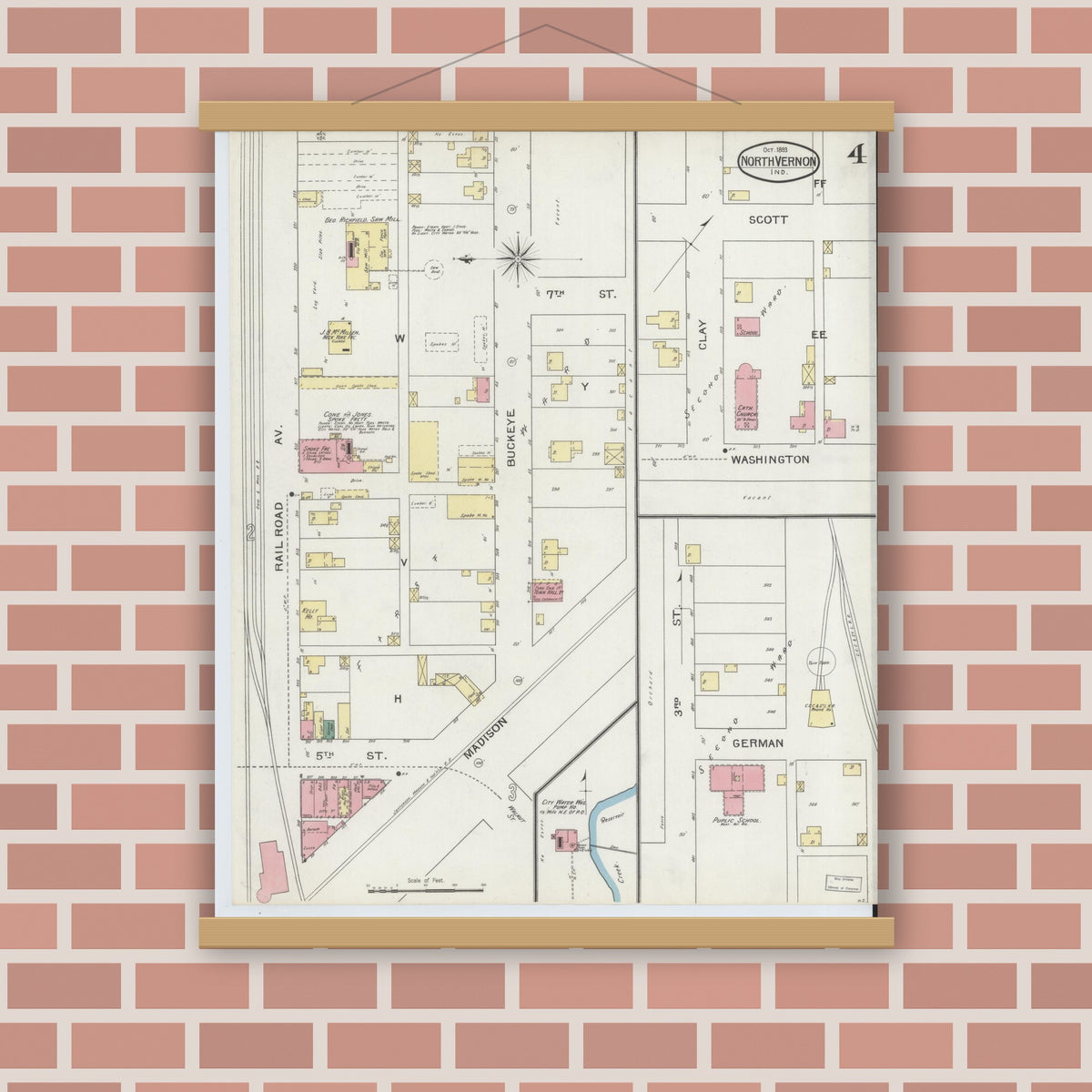 Old map wall art mockup — magnetic wood frame on brick wall — Sanborn Fire Insurance Map from North Vernon, Jennings County, Indiana (1893), Sheet #0004
