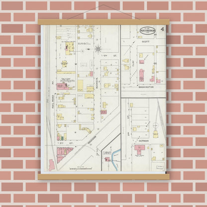 Old map wall art mockup — magnetic wood frame on brick wall — Sanborn Fire Insurance Map from North Vernon, Jennings County, Indiana (1893), Sheet #0004