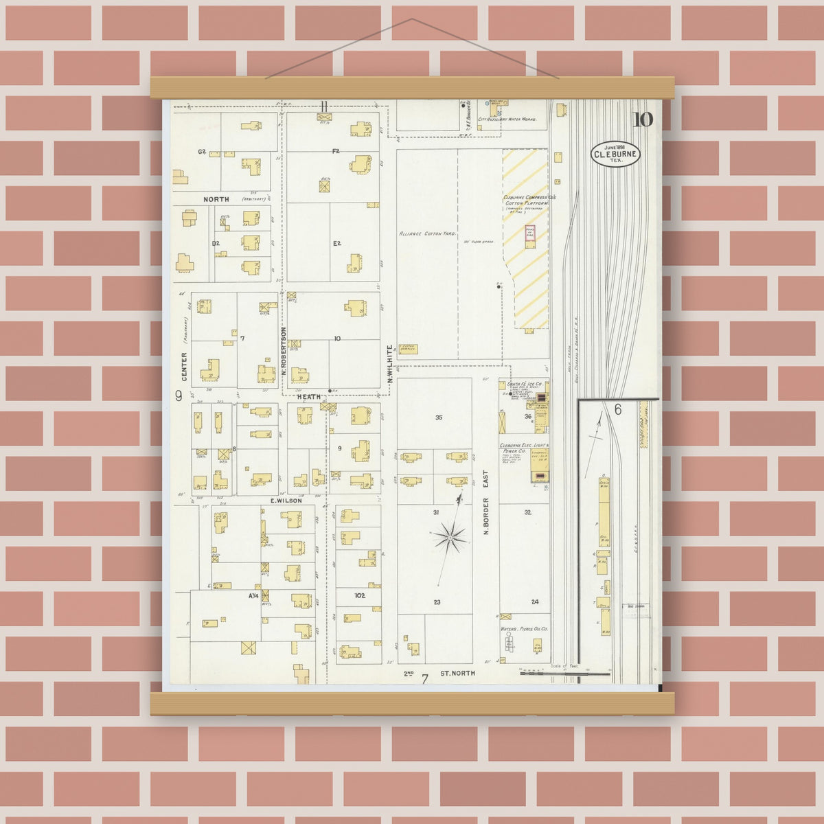 Old map wall art mockup — magnetic wood frame on brick wall — Sanborn Fire Insurance Map from Cleburne, Johnson County, Texas (1898), Sheet #0010
