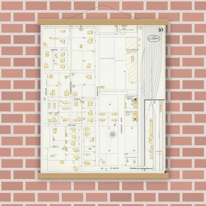 Old map wall art mockup — magnetic wood frame on brick wall — Sanborn Fire Insurance Map from Cleburne, Johnson County, Texas (1898), Sheet #0010