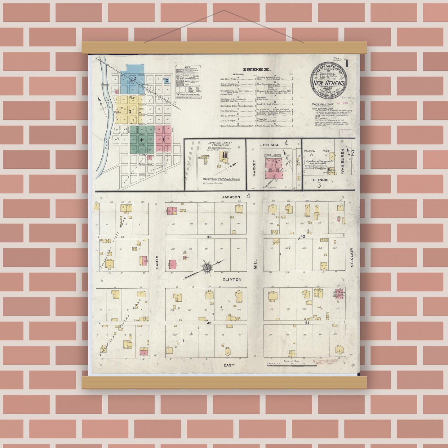 Old map wall art mockup — magnetic wood frame on brick wall — Sanborn Fire Insurance Map from New Athens, Saint Clair County, Illinois (1910), Sheet #0001