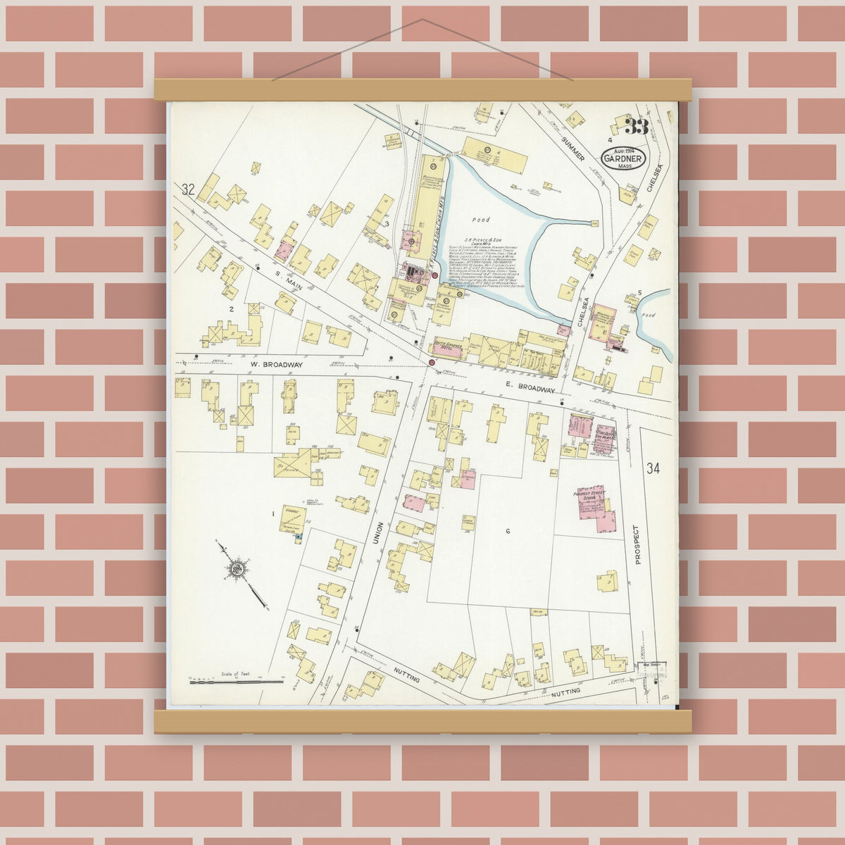 Old map wall art mockup — magnetic wood frame on brick wall — Sanborn Fire Insurance Map from Gardner, Worcester County, Massachusetts (1914), Sheet #0033