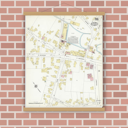Old map wall art mockup — magnetic wood frame on brick wall — Sanborn Fire Insurance Map from Gardner, Worcester County, Massachusetts (1914), Sheet #0033
