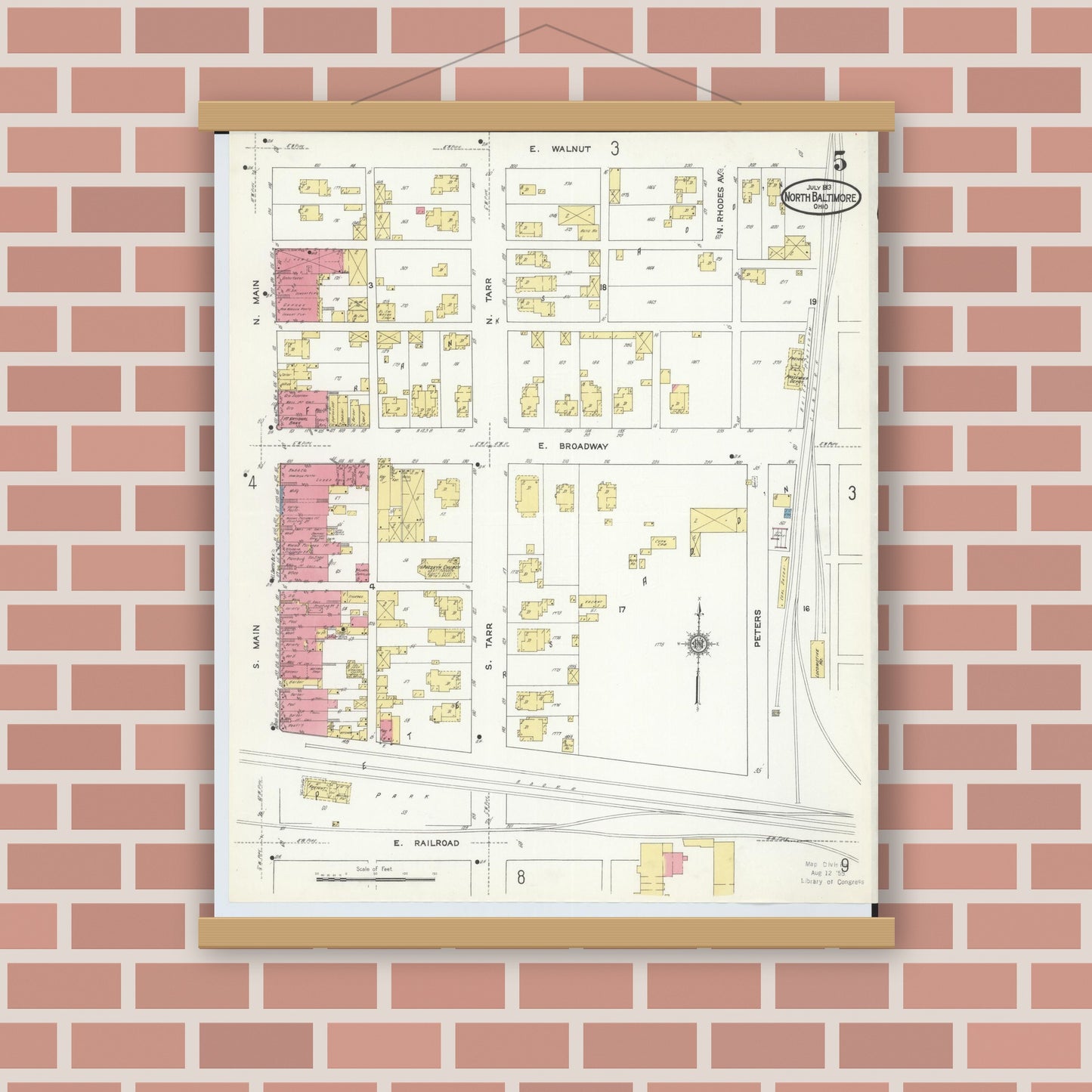Old map wall art mockup — magnetic wood frame on brick wall — Sanborn Fire Insurance Map from North Baltimore, Wood County, Ohio (1913), Sheet #0005