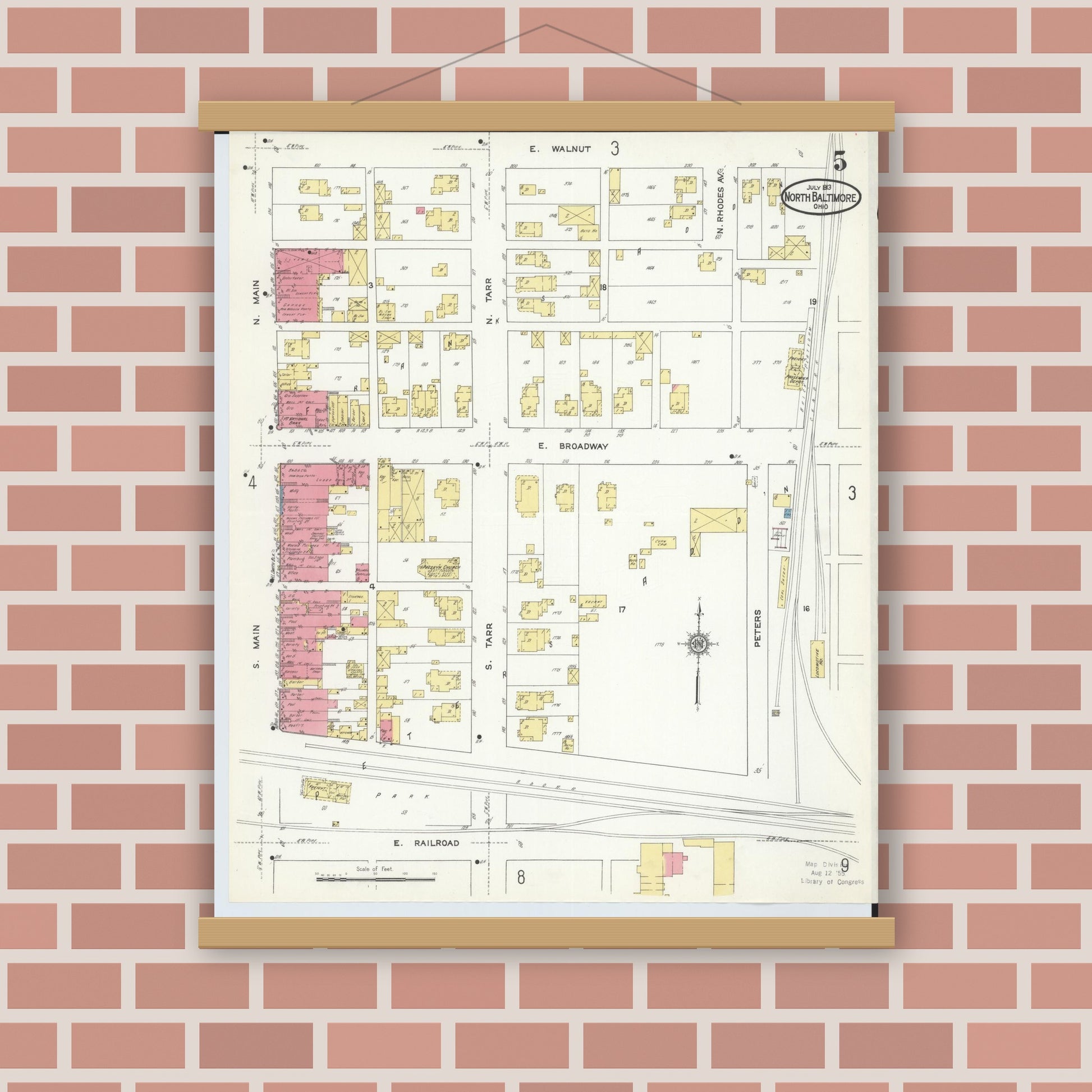 Old map wall art mockup — magnetic wood frame on brick wall — Sanborn Fire Insurance Map from North Baltimore, Wood County, Ohio (1913), Sheet #0005