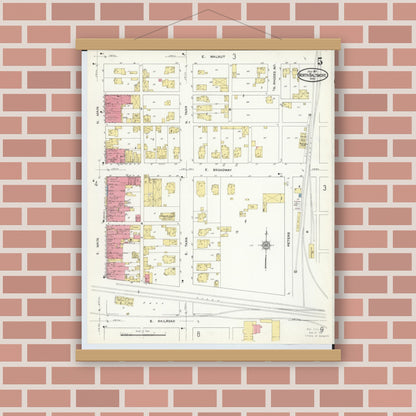 Old map wall art mockup — magnetic wood frame on brick wall — Sanborn Fire Insurance Map from North Baltimore, Wood County, Ohio (1913), Sheet #0005